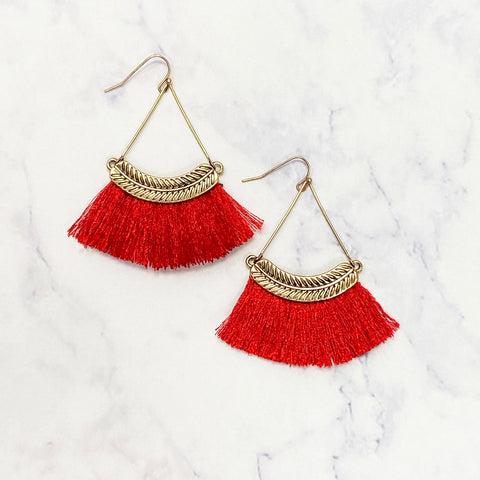 Feather Tassel Earrings - Red