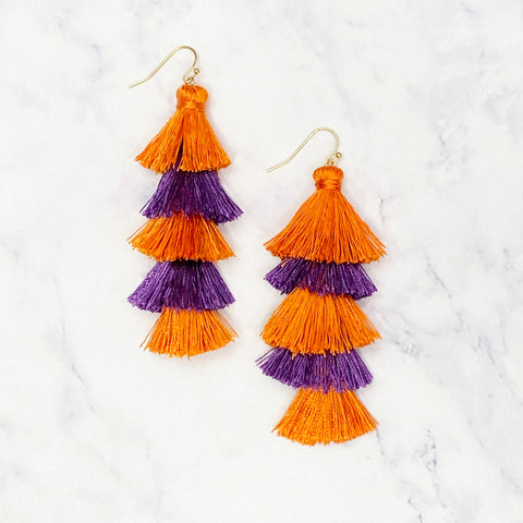 Five Layer Tassel Earrings - Purple/Orange