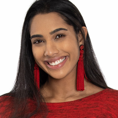 Chinese Knot Tassel Earrings - Red