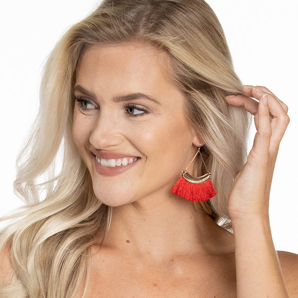 Feather Tassel Earrings - Red