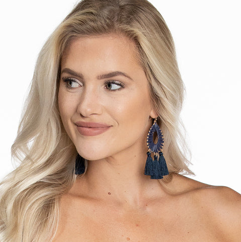 Raffia Tassel Earrings - Navy
