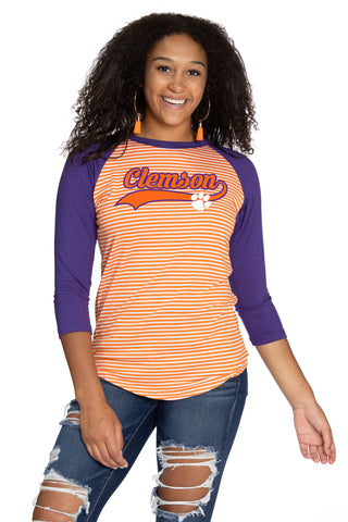 Clemson Tigers Leah Striped Baseball Tee