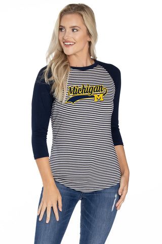 Michigan Wolverines Leah Striped Baseball Tee