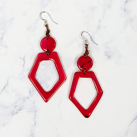 Hollow Diamond Tagua Earrings - Red
