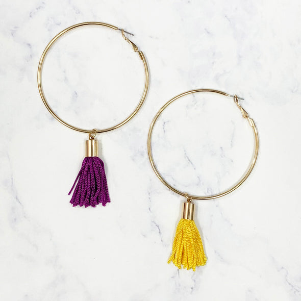 Mixed Tassel Hoops - Purple/Yellow Gold