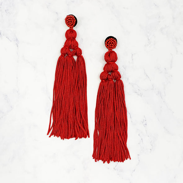 Chinese Knot Tassel Earrings - Red