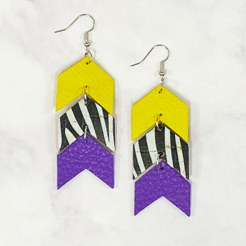 Triple Tier Faux Leather Chevron Earrings - Purple/Yellow/Black/White