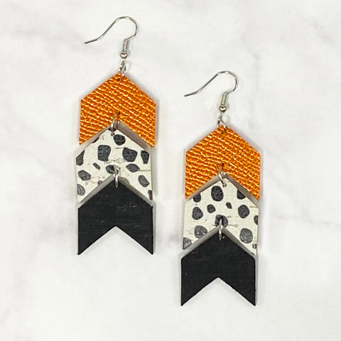 Triple Tier Faux Leather Chevron Earrings - Orange/Black/White