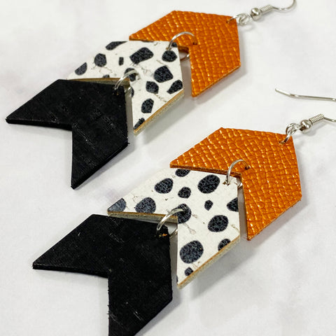 Triple Tier Faux Leather Chevron Earrings - Orange/Black/White
