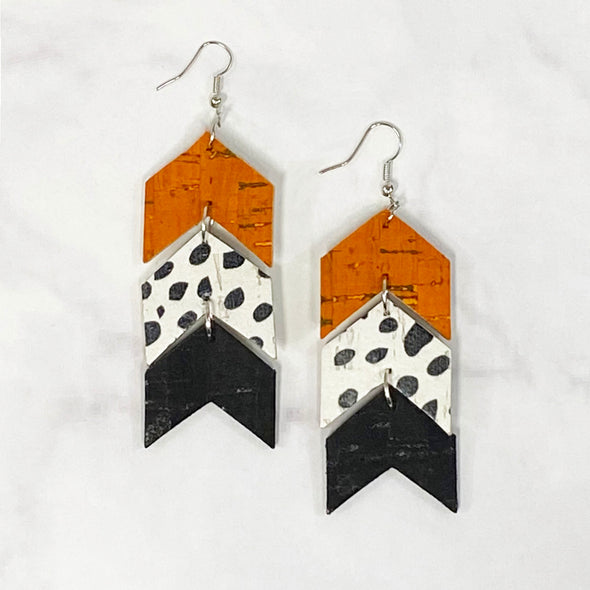 Triple Tier Faux Leather Chevron Earrings - Orange/Black/White