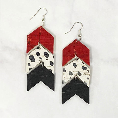 Triple Tier  Faux Leather Chevron Earrings - Crimson/Black/White