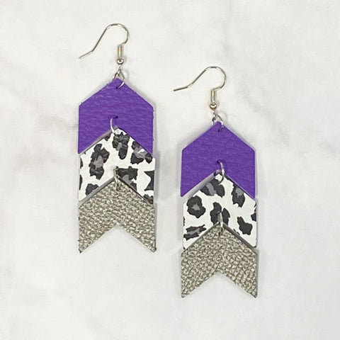 Triple Tier Faux Leather Chevron Earrings - Purple/Silver/Black/White