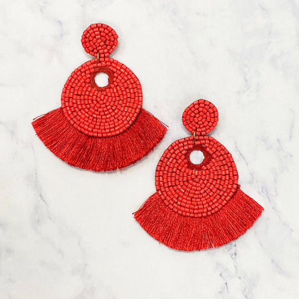 Beaded Circle Earrings - Red