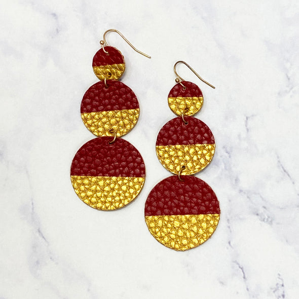 Circle Faux Leather Drop Earrings - Garnet/Gold