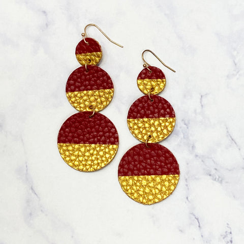 Circle Faux Leather Drop Earrings - Garnet/Gold
