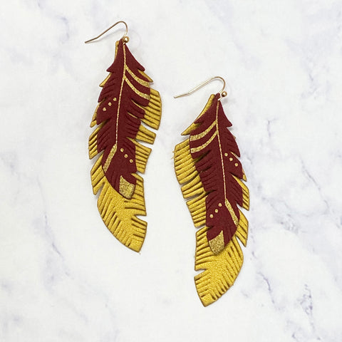 Feather Faux Leather Drop Earrings - Garnet/Gold