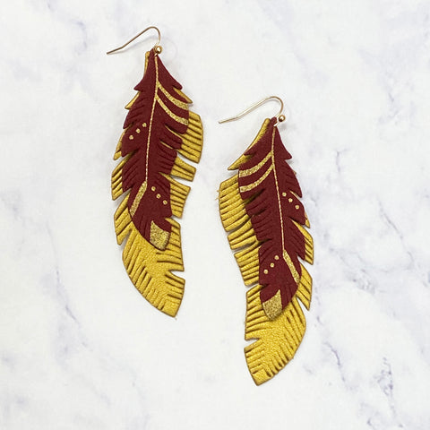 Feather Faux Leather Drop Earrings - Garnet/Gold
