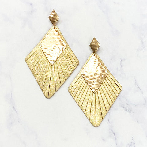 Faux Leather and Gold Diamond Earrings - Gold