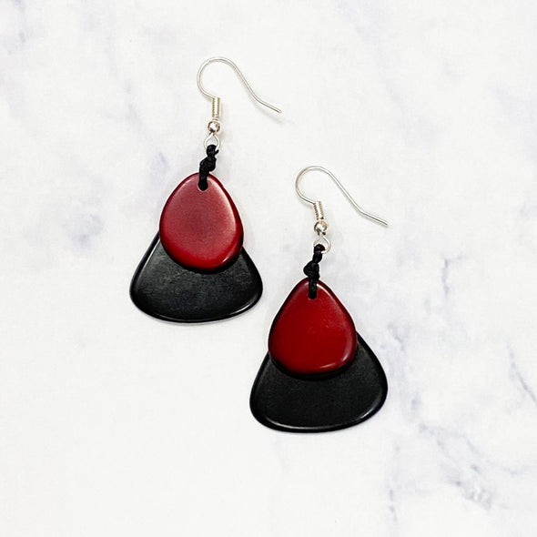 Layered Guitar Pic Tagua Earrings - Garnet and Black