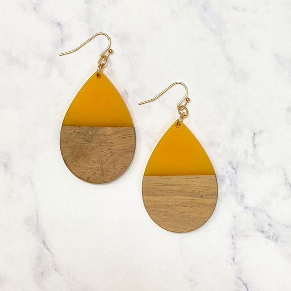 Wooden Teardrop Earrings - Gold