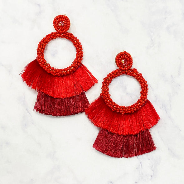 Beaded Fringe Drop Hoops - Red