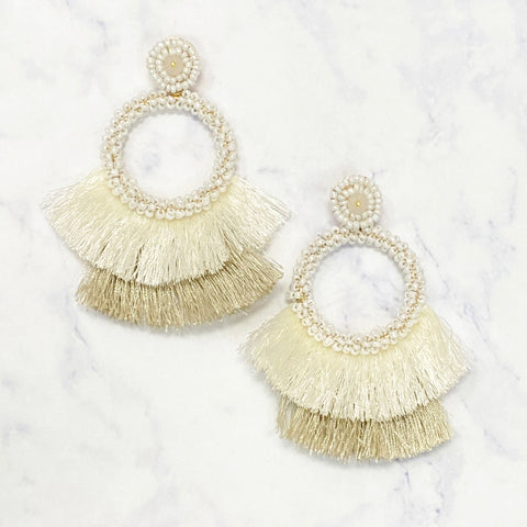 Beaded Fringe Drop Hoops - White