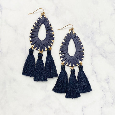 Raffia Tassel Earrings - Navy