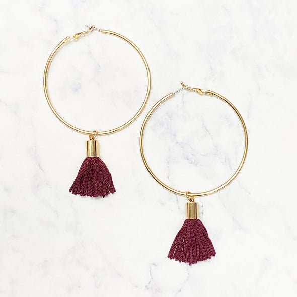 Solid Tassel Hoops - Maroon