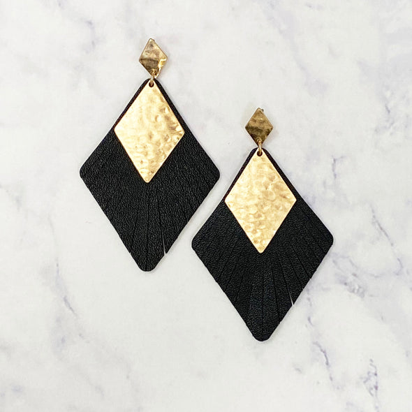 Faux Leather and Gold Diamond Earrings - Black