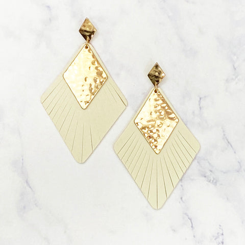 Faux Leather and Gold Diamond Earrings - Ivory