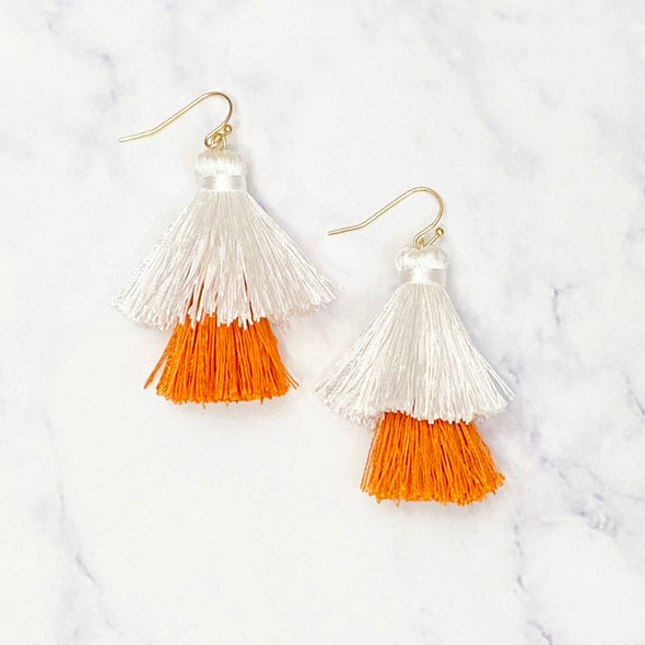 Double Tassel Earrings - Orange/White