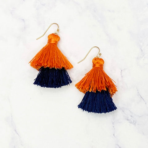 Double Tassel Earrings - Navy/Orange