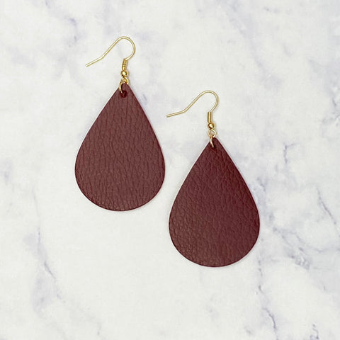 Leather Tear Drop Earrings - Garnet