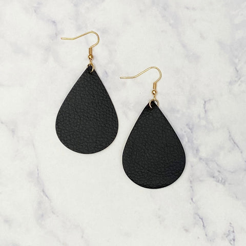Leather Tear Drop Earrings - Black