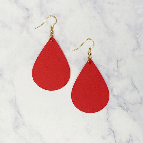 Leather Tear Drop Earrings - Red