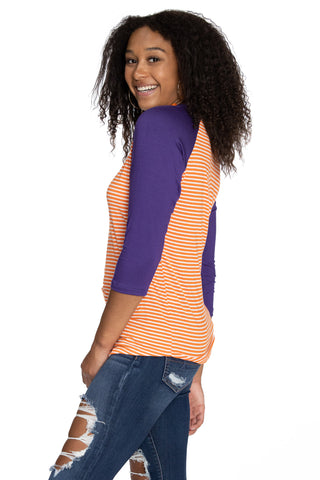 Clemson Tigers Leah Striped Baseball Tee